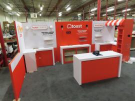 Custom Wood and Gravitee Modular Inline with (3) Custom Counters with Locking Storage, Shelves, Cubbies, Tower, Canopy, and Vinyl and Fabric Graphics